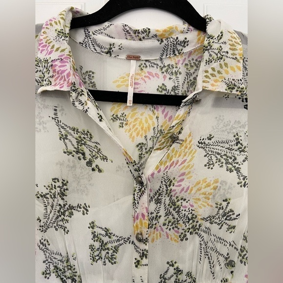 Free People White Sheer Floral Puff Long Sleeve Collared Button Up Flowy Dress - Picture 6 of 15